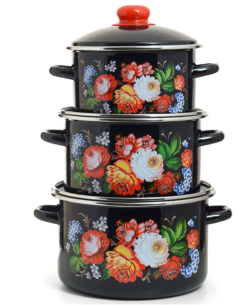 Набор посуды эмал. Жостовские мотивы 2,3,4л ЭТ-75031