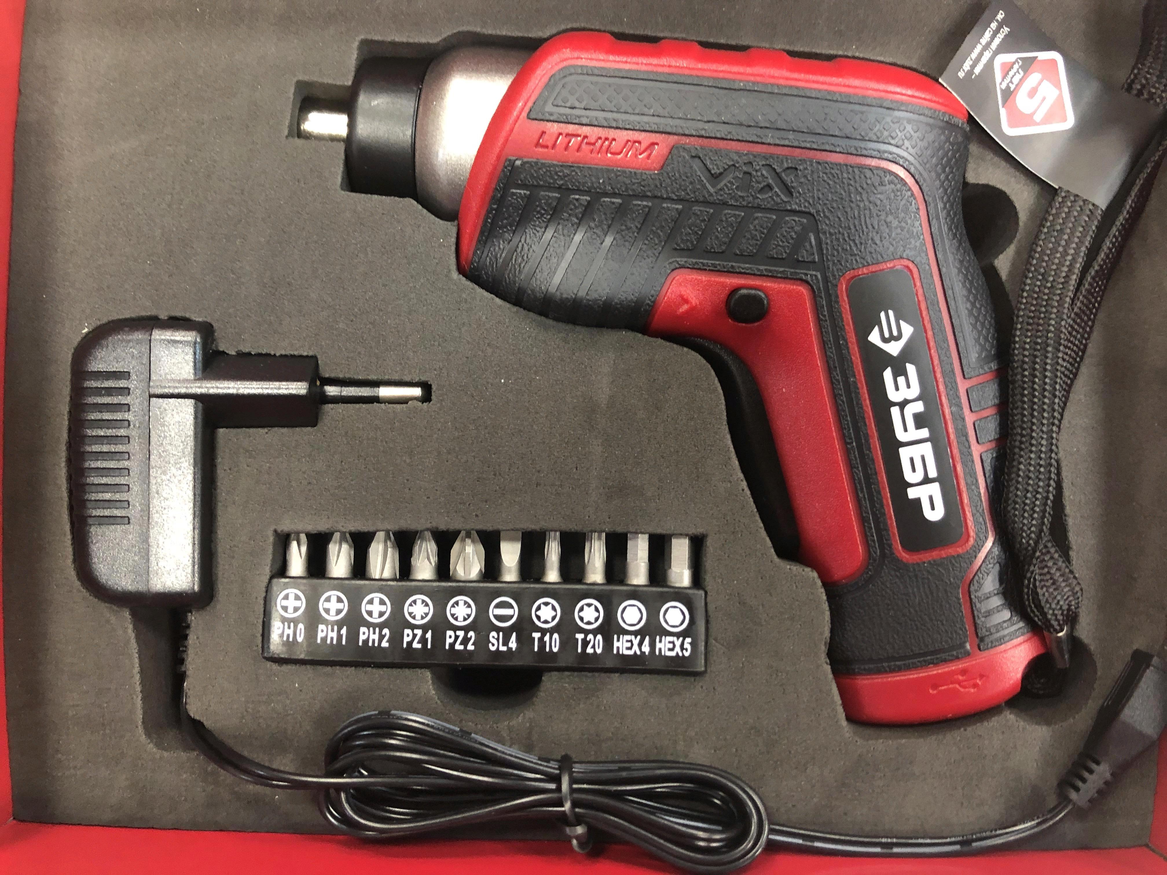 Отвертка аккумуляторная 3,6В,1,3Ач, 3Hm Зубр ЗО-Е-3,6 ЛИ с набором бит