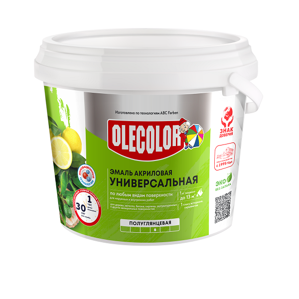 Эмаль акриловая полуглянцевая OLEСOLOR белый 0,8кг 