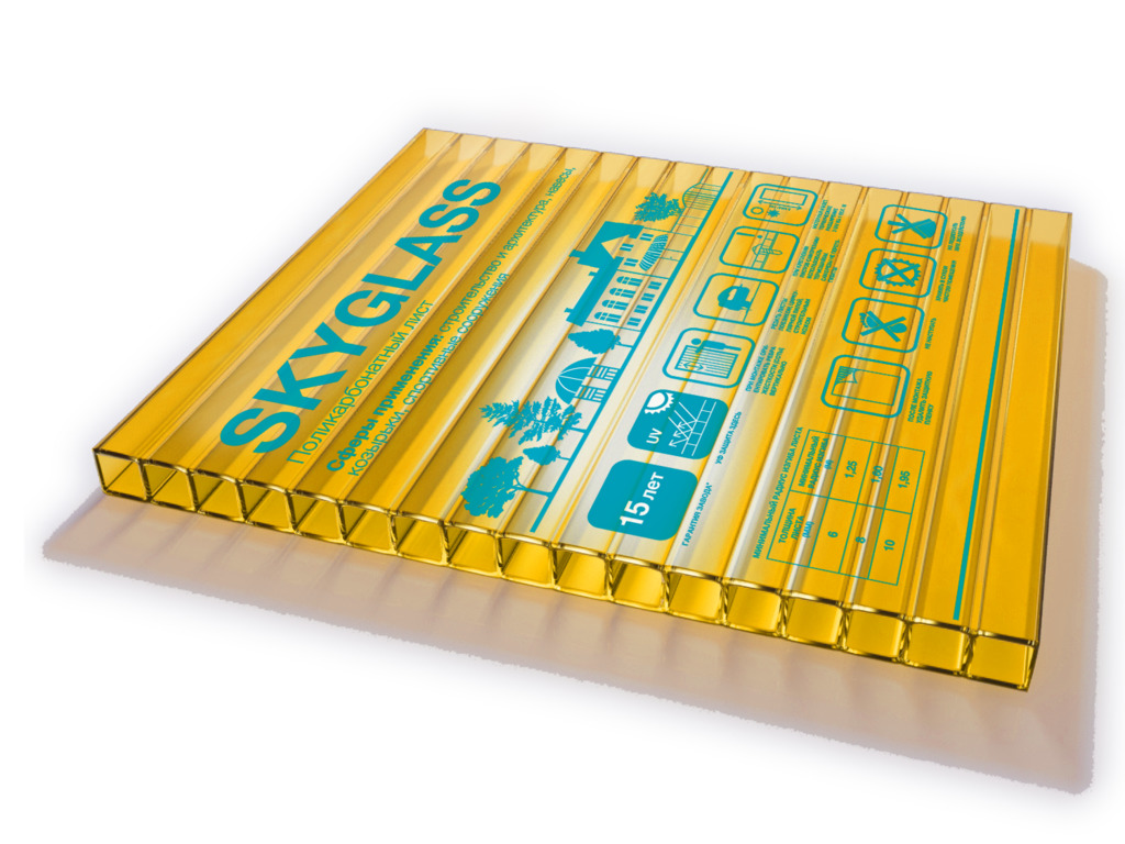 Поликарбонат сотов. цветной желтый SKYGLASS 4,0мм 0,52 кг/м2 2,10х6,0м