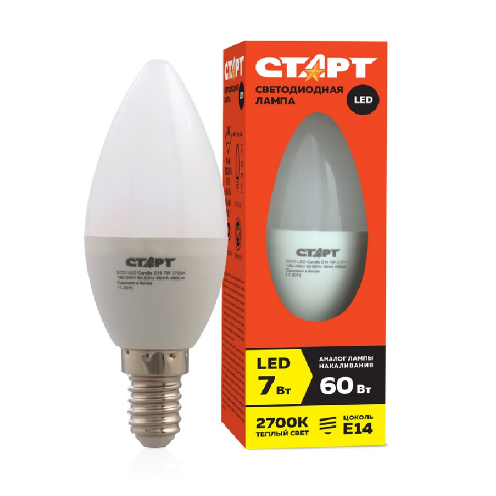 ЛАМПА СВЕТОДИОД. Е14 "СТАРТ" ECO LED CANDLE (СВЕЧА) 7W30 ТЕПЛЫЙ /164/ - 10666 - купить в АПлайн