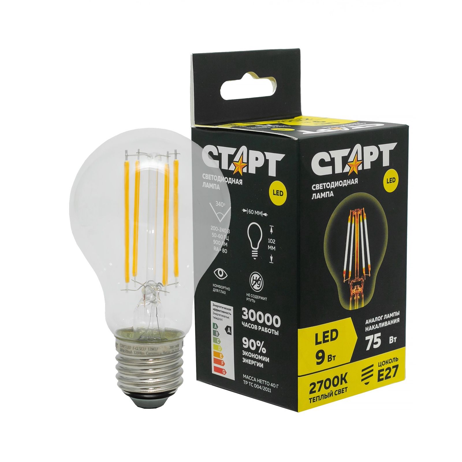ЛАМПА "СТАРТ" ECO LED ФИЛАМЕНТ F-GLS Е27 9W 27 ТЕПЛЫЙ /653/- купить в АПлайн