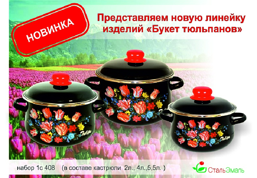 Набор кастрюль эмал. Букет тюльпанов 2л 3л 5,5л 1с408 793841с408 79384- купить в АПлайн