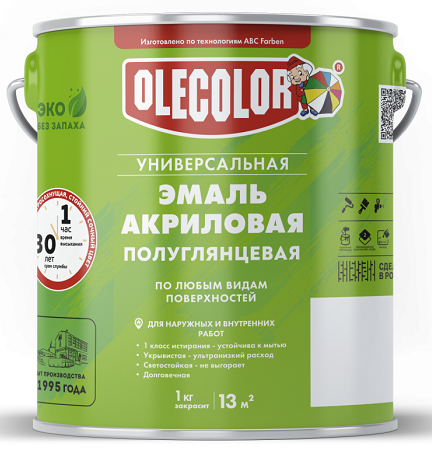 Эмаль акриловая полуглянцевая OLEСOLOR белый 0,9кг 