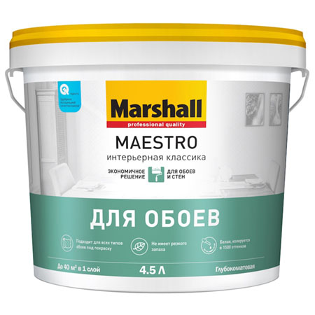 Краска в/д MARSHALL MAESTRO Интерьерная Классика для обоев и стен глубокоматовая BW 4,5л
