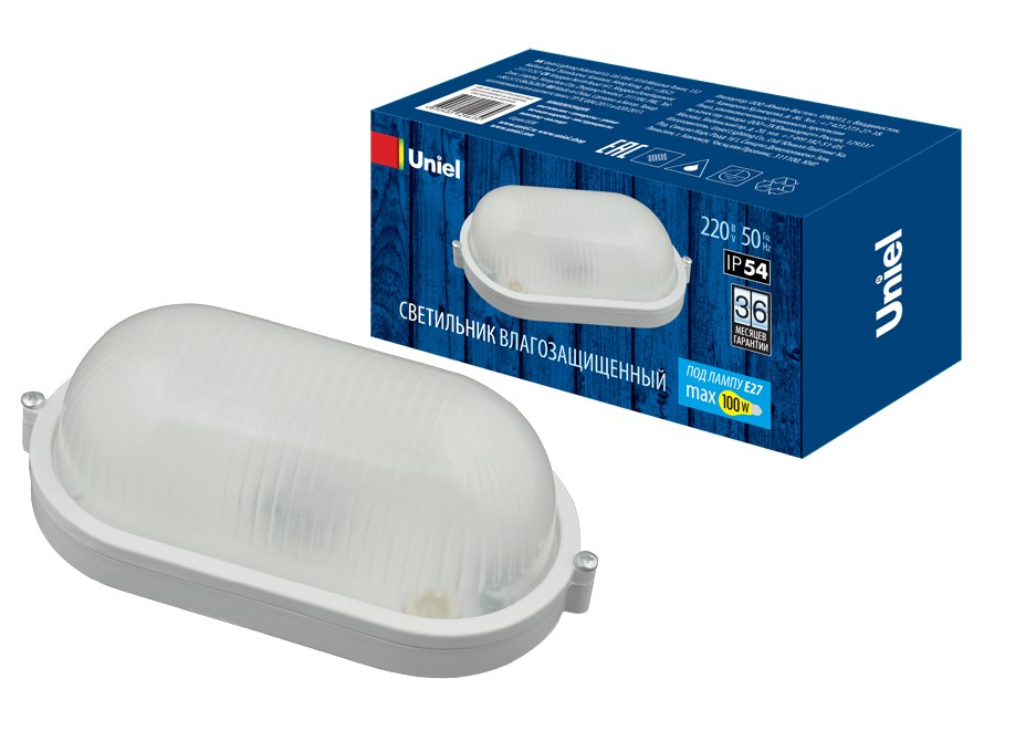 Светильник пылевлагозащ. овальный белый 100ВТ IP54 E27 Uniel UWL-O01/639