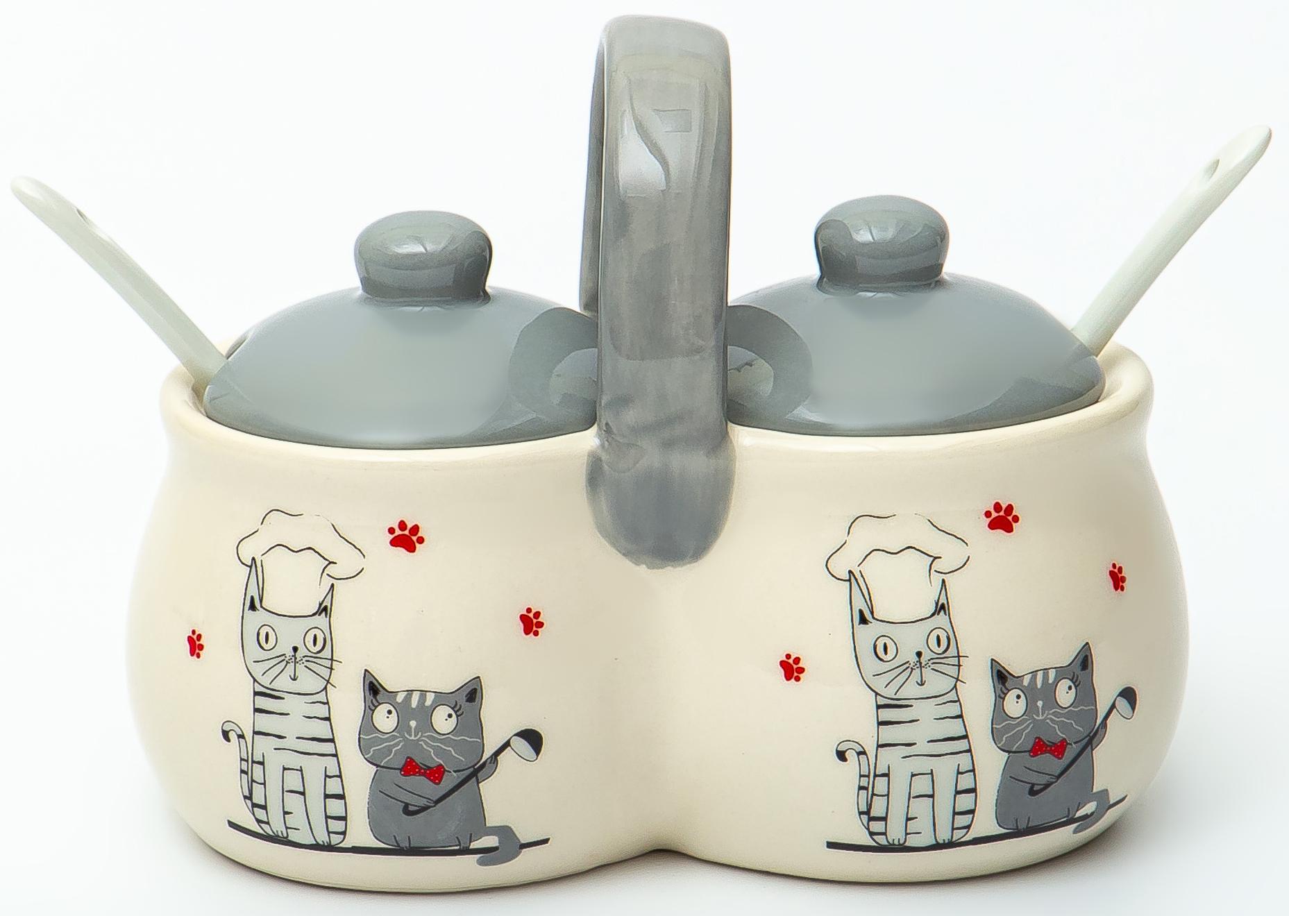 Набор для специй керам.Коты-поварята 250 мл с ложками и крышками, цветная упаковка 110-07144