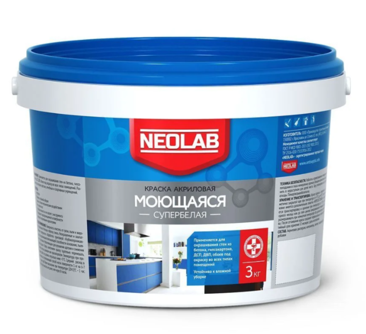 Краска в/д NEOLAB моющаяся акриловая супербелая 3кг