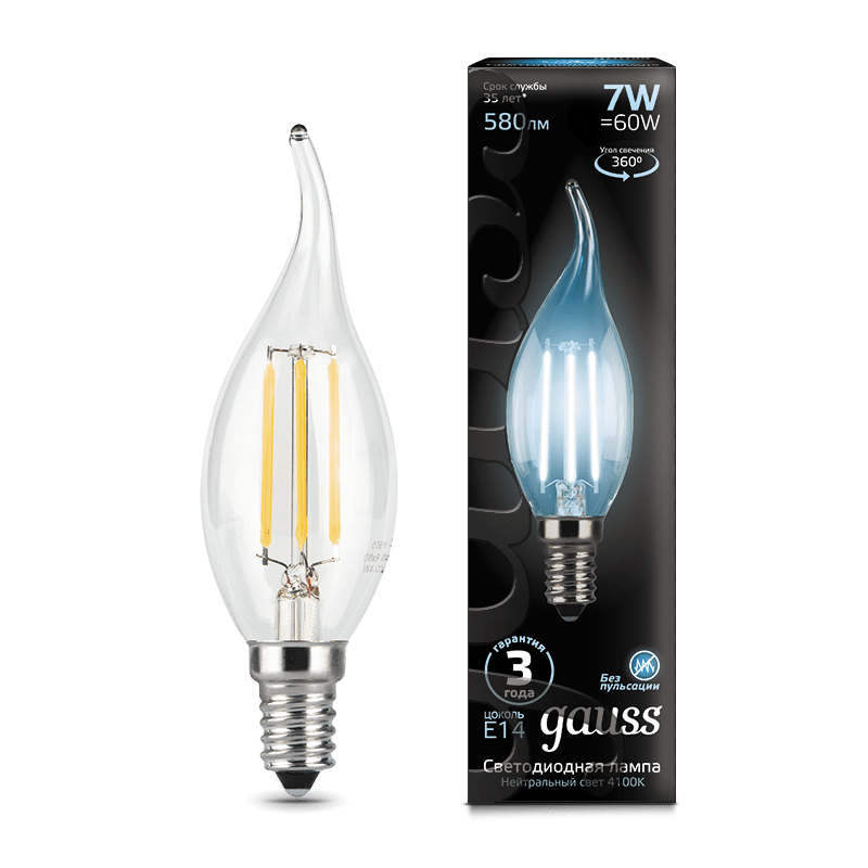 ЛАМПА "GAUSS" LED FILAMENT СВЕЧА НА ВЕТРУ Е14 7W 580lm 4100К АРТ.104801207