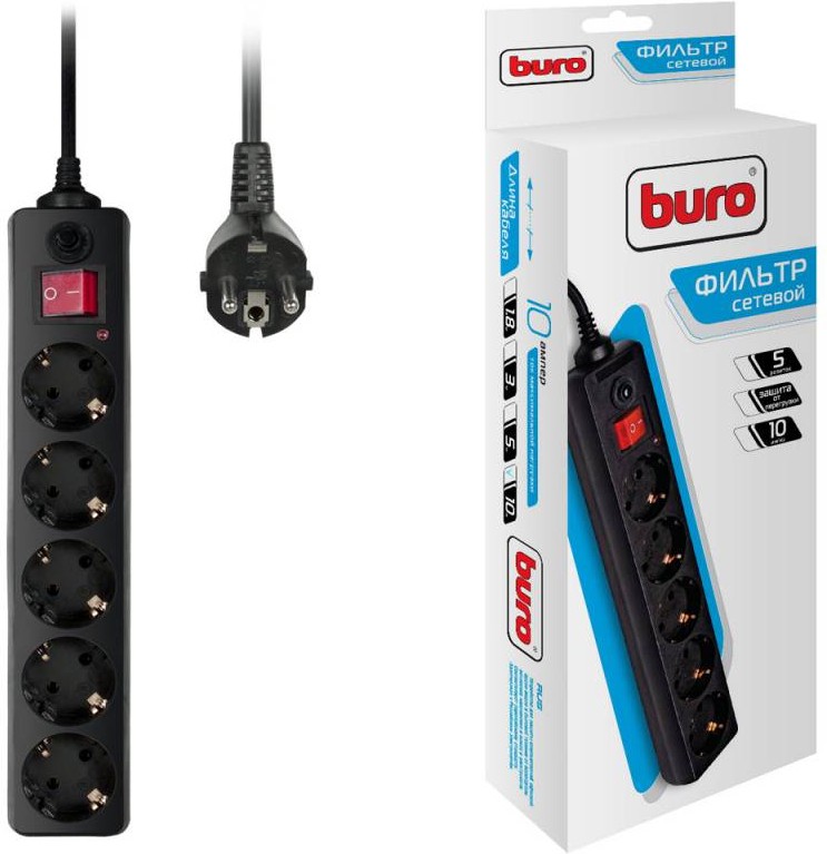 Фильтр сетевой 5 розх10М "BURO" 10А IP20 500SH-10-B CCA 2200Вт черный /143992303- купить в АПлайн