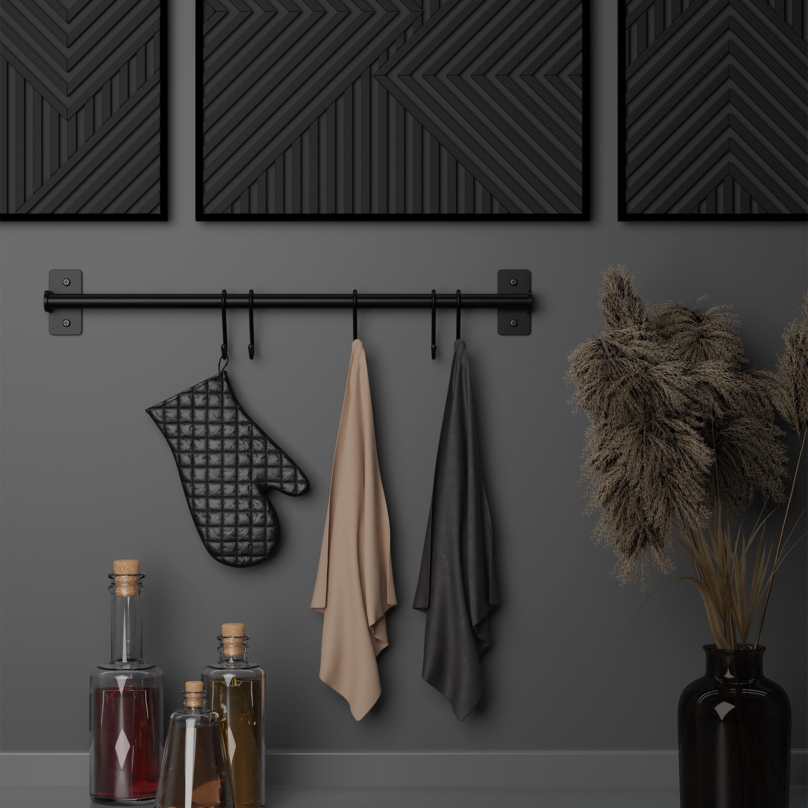 Рейлинговая система для кухни метал. 60см 5 крючков черная 7502681