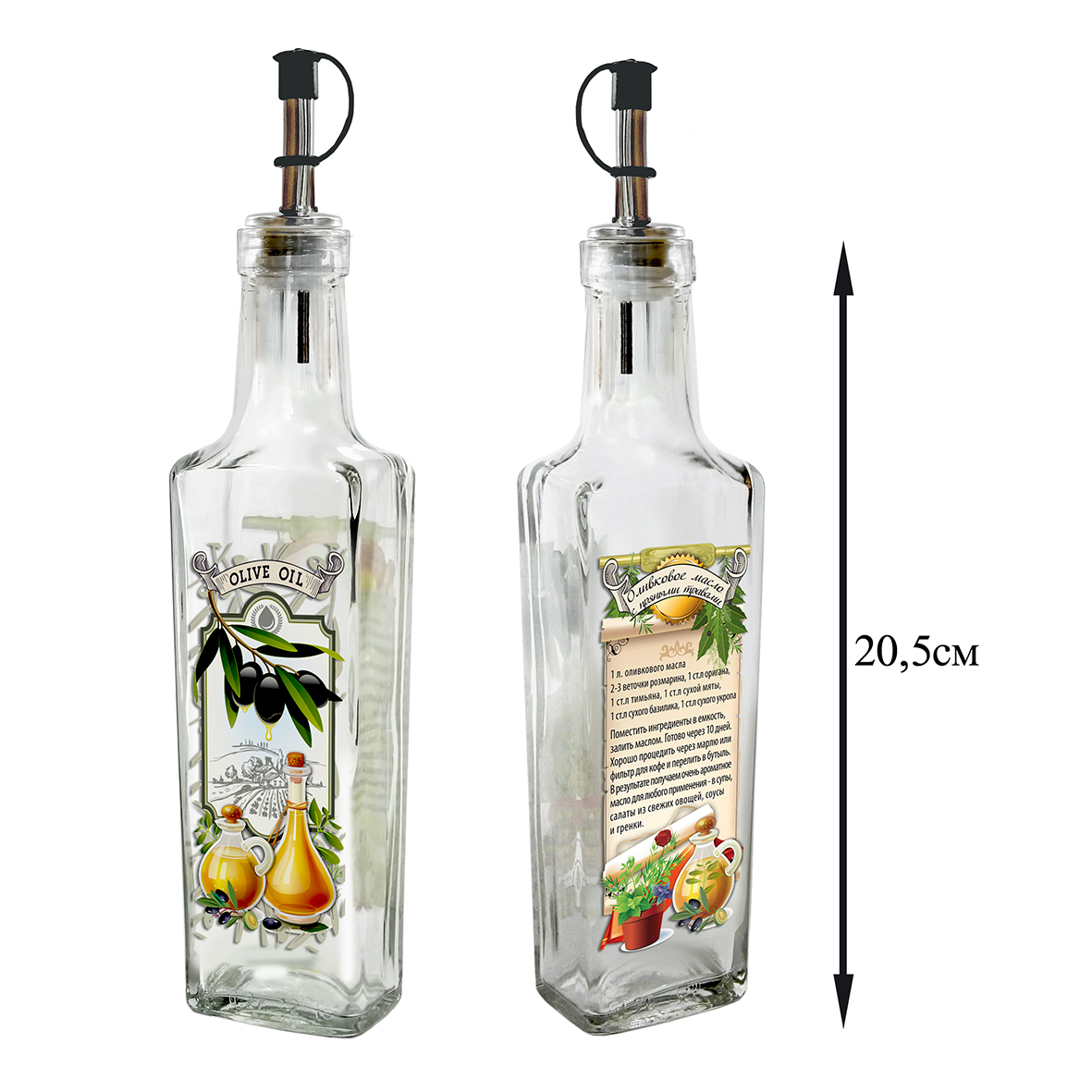 БУТЫЛКА СТЕКЛ. С МЕТ. ДОЗАТОРОМ Д/ОЛИВКОВОГО МАСЛА С РЕЦЕПТОМ НА ПРЯНЫХ ТРАВАХ 200МЛ 626-483