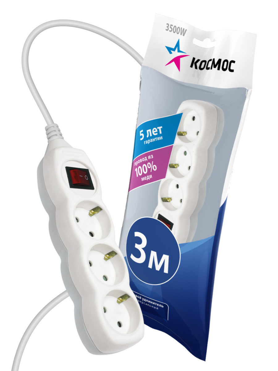 Удлинитель 3х3м с заземлением и выкл. 16А(3х1мм2) КОСМОС YKsm3m-3g-Z-V(K) /909/YKsm3m-3g-Z-V(K)- купить в АПлайн